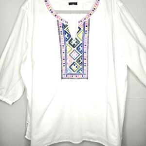 Talbots Tunic Top. White With Multicolor Beads and Embroidery. 2X